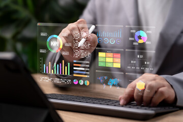 KPI Data Analysis Concept, Businessman Reviewing Key Performance Indicators, Strategic Business Planning, Performance Measurement, Growth Evaluation, Corporate Success Forecasting, Business Target