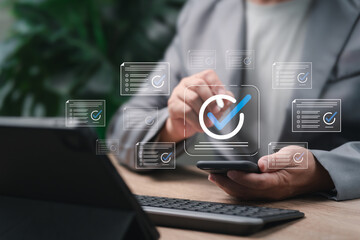 Digital Checklist System for Online Document Verification and Certification, Businessman Reviewing and Approving Files, Secure Workflow Process, Quality Control, Digital Document Approved, Workflow