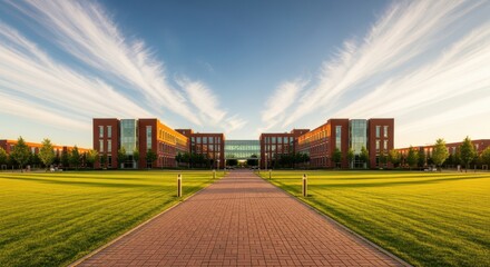 Modern Brick University Campus Building With Green Lawn And Dramatic Sky