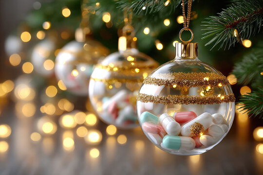 Golden-glittered glass baubles filled with multicolored pills dangling from pine branches, blending festive decor with pharmaceutical imagery under soft warm lighting