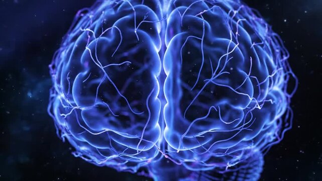 Vibrant Blue Glowing Human Brain with Active Neural Network Connections Abstract Digital Representation of Advanced Mind Thought Processes and Futuristic AI Tec