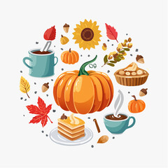 Festive Autumn Circle Illustration Pumpkins, Treats, and Fall Delights for Seasonal Decor
