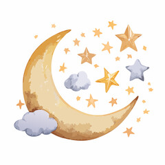 Watercolor Crescent Moon and Stars Night Sky Illustration