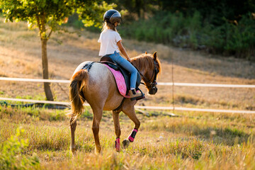 young girl horseback riding on a horse sunset in the countryside smiling in a ranch. sport and hobby