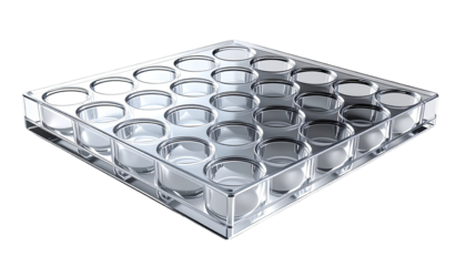 Transparent square plastic tray with round wells