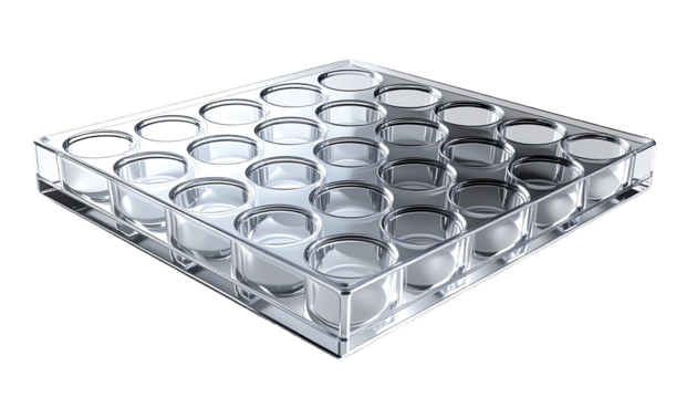 Transparent square plastic tray with round wells