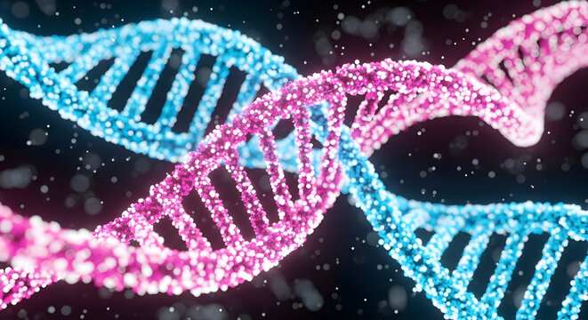 Abstract visualization of two intertwined dna double helix strands glowing with vibrant pink and blue particles against a dark speckled background representing genetic code and molecular biology - Powered by Adobe