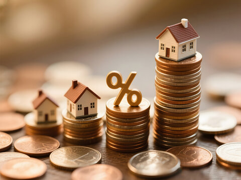 Miniature houses on stacked coins with percentage symbol illustrating property mortgage and investment finance with golden currency atmosphere