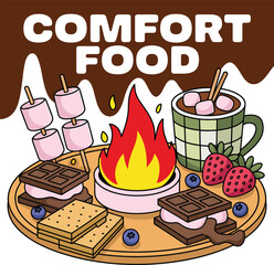 Cozy Comfort Food Vector with Smores, Campfire, and Hot Chocolate, comfort food, hot chocolate