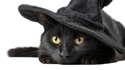 Black cat in witch’s hat isolated on transparent background