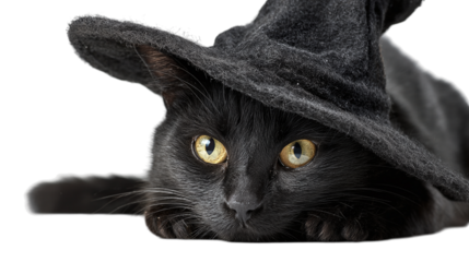 Black cat in witch’s hat isolated on transparent background