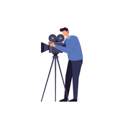 A flat 2D vector illustration depicts a focused cameraman meticulously adjusting his professional video camera, standing against a clean, plain white background.