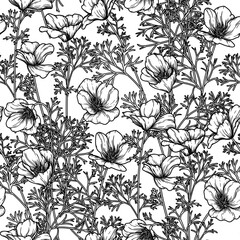 Fototapeta premium Vector seamless garden pattern with California poppies in engraving style. Autumn flowering background