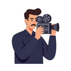 A professional cameraman holds a video camera, captured in a modern 2D flat vector illustration against a crisp plain white background, perfect for multimedia content.