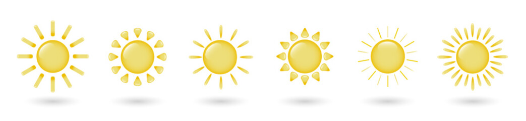 A set of cartoon suns. Six sun icons, with a shadow and different rays on a white background.