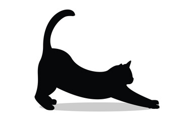 Vector illustration of a silhouette of a cat stretching its body isolated on a white background.