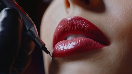 Closeup of woman's lips with makeup brush. Woman is coloring her lips with microblading at clinic. A tattoo with vibrant lips and pigments on a permanent makeup machine. A woman's lips lifestyle are.