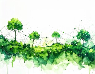 Watercolor green trees network connection illustration for background