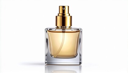 Luxury Transparent Perfume Bottle with Golden Spray Isolated on White Background – Premium Fragrance Packaging