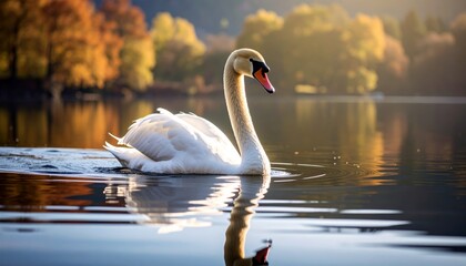 Fototapeta premium Elegant white swan gracefully glides across the still lake water in the soft, warm autumn light.