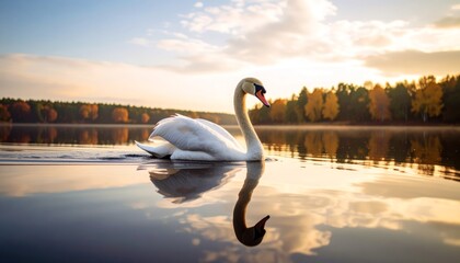 Fototapeta premium Elegant white swan gracefully glides across a serene lake at sunset, creating a mirror reflection