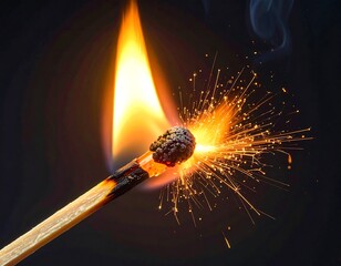 A close-up view of a match ablaze, showcasing vibrant flames and sparks erupting against a dark background.