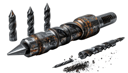 Industrial drill bits and accessory spread on dark background