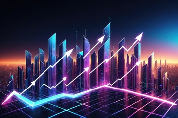 Futuristic City Skyline with Growth Chart Showing Bright Digital Arrows