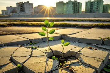 Young Plant Growing Through Cracked Concrete in an Urban Ruins Environment 6