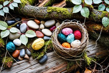 Colorful Yarn Balls in a Natural Setting with Rocks and Leaves 7