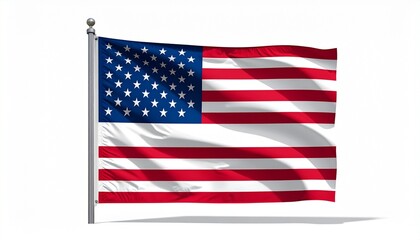 The flag of the United States waving in the wind realistic fabric texture white background with soft shadows
