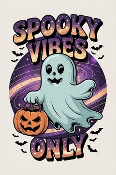 Spooky Vibes Only Halloween Graphic with a Cute Ghost and Pumpki