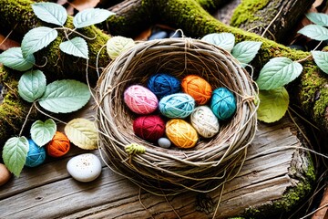 Colorful Yarn Balls in a Natural Setting with Rocks and Leaves 11