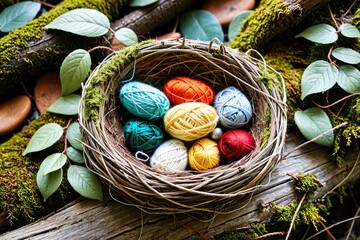 Colorful Yarn Balls in a Natural Setting with Rocks and Leaves 12