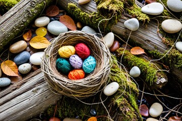 Colorful Yarn Balls in a Natural Setting with Rocks and Leaves 6
