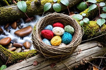 Colorful Yarn Balls in a Natural Setting with Rocks and Leaves 9