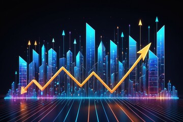 Futuristic City Skyline with Growth Chart Showing Bright Digital Arrow 4