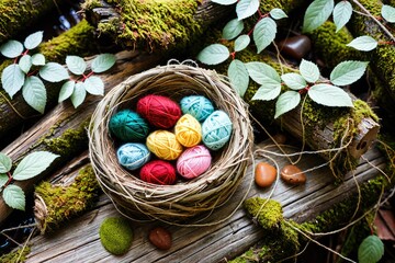 Colorful Yarn Balls in a Natural Setting with Rocks and Leaves 1