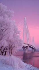 Pink sunrise over frosted trees and bridge