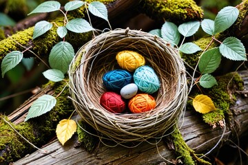 Colorful Yarn Balls in a Natural Setting with Rocks and Leaves 10