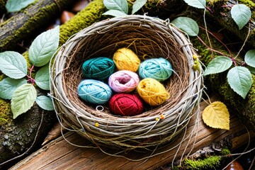 Colorful Yarn Balls in a Natural Setting with Rocks and Leaves
