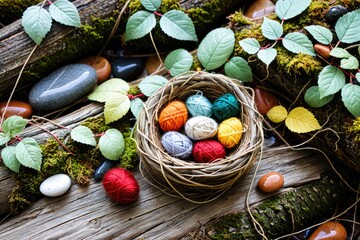 Colorful Yarn Balls in a Natural Setting with Rocks and Leaves 4