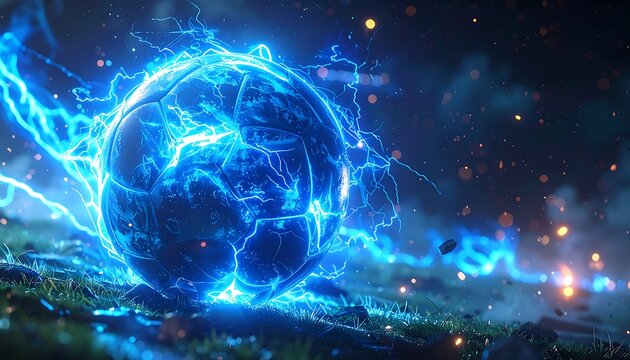 A soccer ball, glowing with vibrant blue energy, sits on a dark field, enveloped in electrifying streaks.