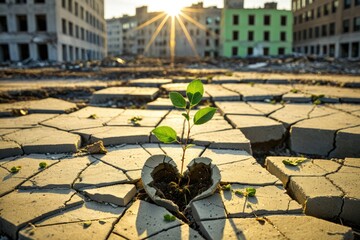 Young Plant Growing Through Cracked Concrete in an Urban Ruins Environment