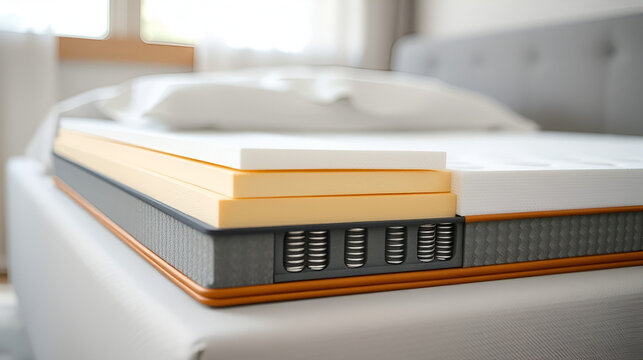 Cross section of modern mattress with several layers memory foam, latex, independent springs. Concept of comfortable bed, quality orthopedic mattress tech. Interior view of bedding.