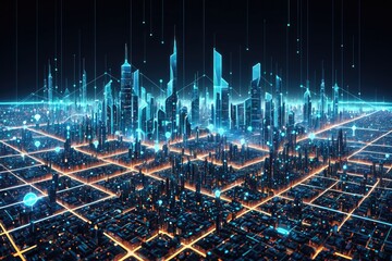Futuristic Digital Cityscape with Glowing Network Connections at Night 3