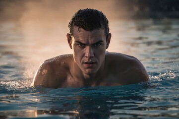 Swimmer emerges from rippling pool in golden sunrise morning light