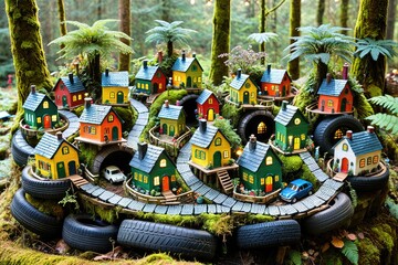 Charming Miniature Village with Vibrant Houses in a Forest Setting 1
