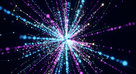 Abstract explosion of vibrant blue and purple light trails and particles emanating from a bright central point against a dark background representing data flow energy or a cosmic event