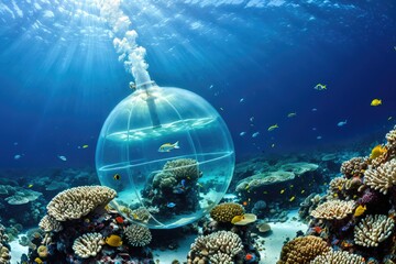 Underwater Scene of Coral Reef Ecosystem and Transparent Aquatic Sphere 6